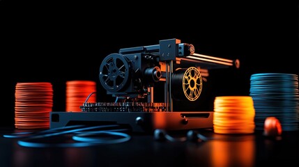 Poster - A printer creating a detailed mechanical part, surrounded by spools of colorful filament