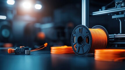 Aufkleber - A printed motor casing displayed alongside raw spools of filament and a modern printer