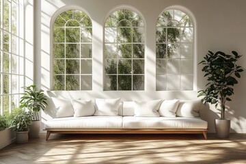 Poster - bright minimalist living room with white sofa and large windows