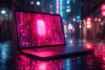 Poster - Futuristic Laptop with Holographic Fingerprint Shield in Minimalist Cyberpunk Office Environment