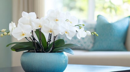 Wall Mural - Elegant White Orchid Arrangement in Vibrant Blue Pot with Soft Natural Lighting in Cozy Living Room Setting