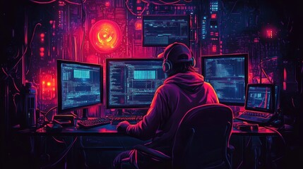 Neon Cyberpunk Hacker Illustration with Screens and Gadgets