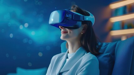 A woman wearing a VR headset, immersed in a virtual environment, sitting comfortably in a modern, ambient space filled with soft lighting.