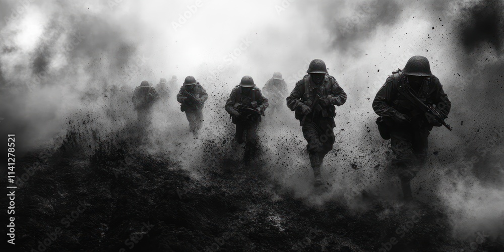 German Soldiers Charging in World War 2 Battlefield Dramatic Black and ...