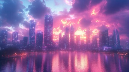 Leinwandbilder - Futuristic Cyberpunk City Skyline at Dusk with Neon Lights and Reflections