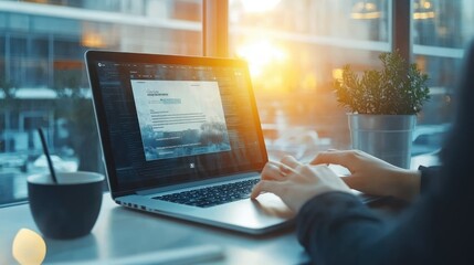freelance worker typing on laptop in minimalist modern workspace with blog content online