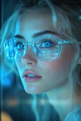 Poster - Futuristic Office Scene with Technology Financial Charts and Thoughtful Woman in Glasses