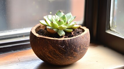 Wall Mural - Indoor Succulent Plant in Unique Coconut Shell Planter on Windowsill with Natural Light and Soft Focus Background for Home Decor and Gardening Enthusiasts