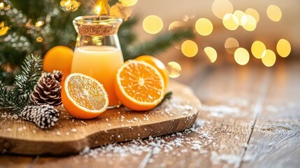 Wall Mural - Empty woooden table top with abstract warm living room decor with christmas tree string light blur background with snow,Holiday backdrop,Mock up banner for display of advertise product.Empty woooden