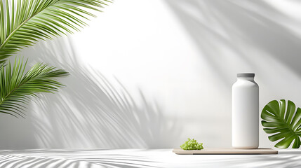 Poster - A minimalist scene featuring a white bottle on a wooden surface, surrounded by green leaves and soft shadows, highlighting a serene and fresh ambiance