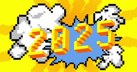 Poster - 2025 pixelated number animation with geometric graphic background. Cartoon video.