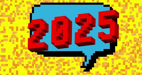 Poster - 2025 pixelated number animation with geometric graphic background. Cartoon video.