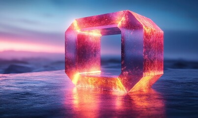 Poster - Futuristic Hexagonal Iridescent Crystal Shape with Soft Lighting and Gradient Blue Background 3D Render