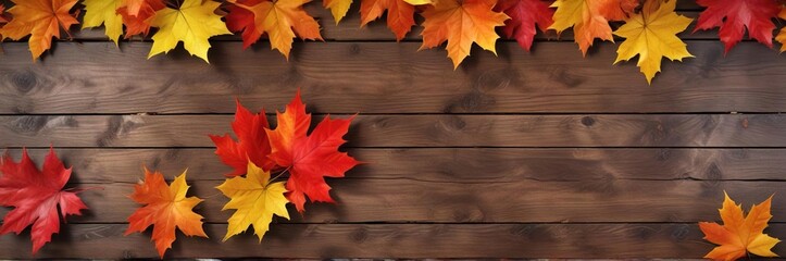 Wall Mural - Colorful Maple Leaves on Brown Wood Background, maple, branches