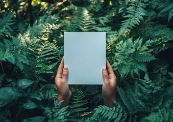 Poster - Blank White Book Mockup in Hands Outdoors with Green Plants and Grass on Sunny Day