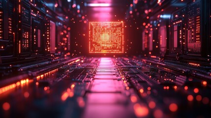 Poster - Minimalist Quantum Computer Core with Glowing Qubits and Intricate Circuitry in a High-Tech Lab Environment