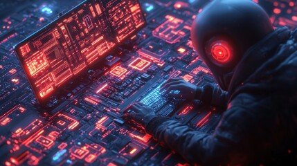 Futuristic Computer Technician Working in Cyberpunk Workspace with Neon Lights and Circuit Patterns