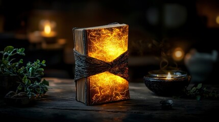Poster - Illuminated book cover with energetic light mystic library fantasy artwork enchanted atmosphere close-up magic concept