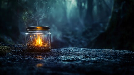 Poster - Mystical fire jar glowing under moonlight in enchanted forest capturing nature’s magic and serenity