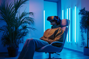 Poster - A person wearing a VR headset sits in a modern chair, surrounded by blue lighting and greenery, immersed in a virtual reality experience.