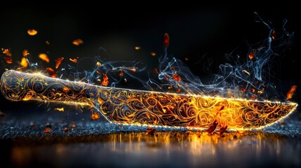 Aufkleber - Intricate patterns carved by a luminous butter knife kitchen digital art dark environment macro view creative concept