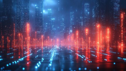Poster - Futuristic Digital Security Concept Featuring Glowing Padlock in Cyberpunk Landscape