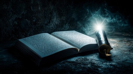 Poster - Illuminated book pages turning dark room fantasy imagery surreal environment close-up enigmatic concept