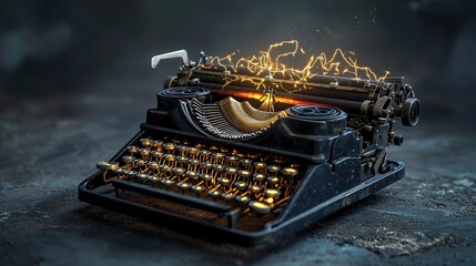 Poster - Surreal typewriter emitting light sparks creativity digital studio art piece dark environment close-up imagination
