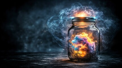 Poster - Surreal jar with luminous cap capturing swirling clouds abstract art dark environment close-up view conceptual imagery