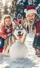 Canvas Print - Girls and their husky dog enjoy a snowy day. AI.