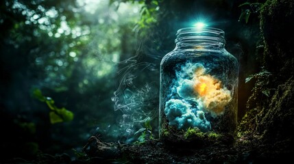 Aufkleber - Surreal luminous jar capturing swirling clouds enchanted forest fantasy art mysterious environment dreamy perspective