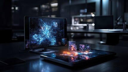 Fototapete - Surreal holographic projector creating images of memories office space digital art nighttime futuristic concept