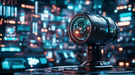 Poster - Futuristic camera lens with glowing core on a tech background.