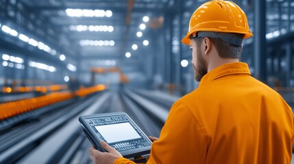 Wall Mural - A worker in an orange safety uniform checks data on a tablet in a spacious industrial environment, highlighting modern technology in manufacturing.