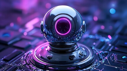 Poster - Futuristic chrome sphere with pink neon light on a circuit board.