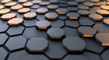 Poster - Close-up of a textured hexagonal surface with a sleek black finish, reflecting soft golden light.
