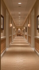  A long, well-lit hotel corridor with framed pictures and a seating area at the end.