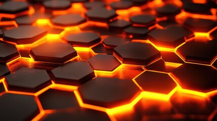 Poster - A close-up view of glowing hexagonal patterns with warm orange light, creating a dynamic and futuristic atmosphere.