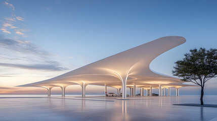 Fototapete - A modern architectural structure with a sleek, organic design, surrounded by water and nature, showcasing elegance and tranquility at sunset