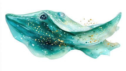 Wall Mural - a stylized watercolor illustration of a bright teal stingray, fluid gradients of turquoise and emera
