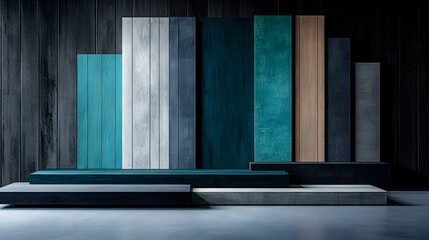 Fototapete - A modern display of textured panels in various colors, arranged artistically against a dark wooden backdrop