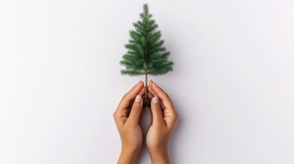 Wall Mural - A pair of hands gently holds a small, artificial Christmas tree against a light background, symbolizing holiday spirit and decoration.