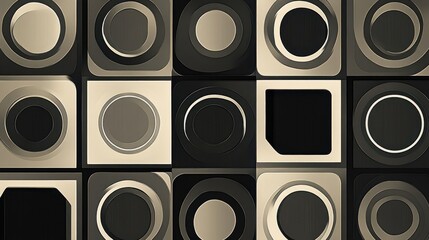 Poster - Abstract geometric pattern featuring circles and squares in black and gold tones.