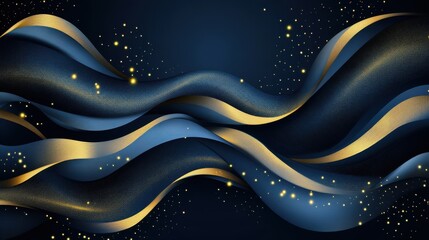 Poster - Elegant blue and gold abstract waves gracefully flowing across a dark background, creating a sense of depth and luxury.