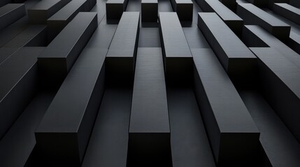 Poster - A dynamic abstract composition of overlapping dark rectangular blocks creating a sense of depth and texture.