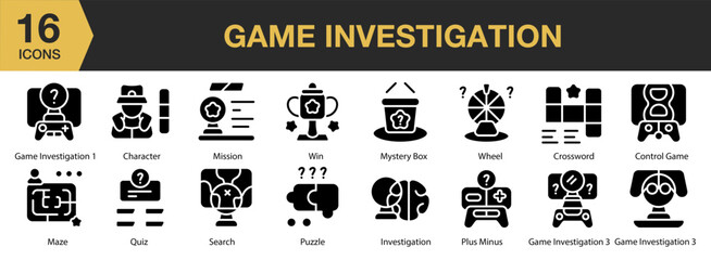 Wall Mural - Game Investigation solid icon set. Includes game, investigation, detective, mystery, search, and More. Solid icons vector collection.