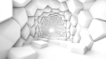 Poster - Abstract white tunnel with a hexagonal pattern leading to a bright light, creating a sense of depth and infinity.