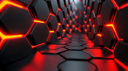 Poster - Futuristic black honeycomb corridor with glowing red lines, creating a dynamic and immersive atmosphere.