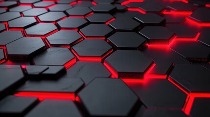 Poster - Futuristic black hexagonal tiles illuminated with vibrant red lights, creating a sleek and modern ambiance.