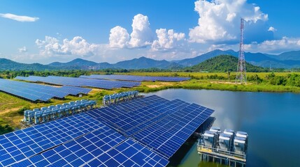 Battery storage system surrounded by solar panels and green landscapes